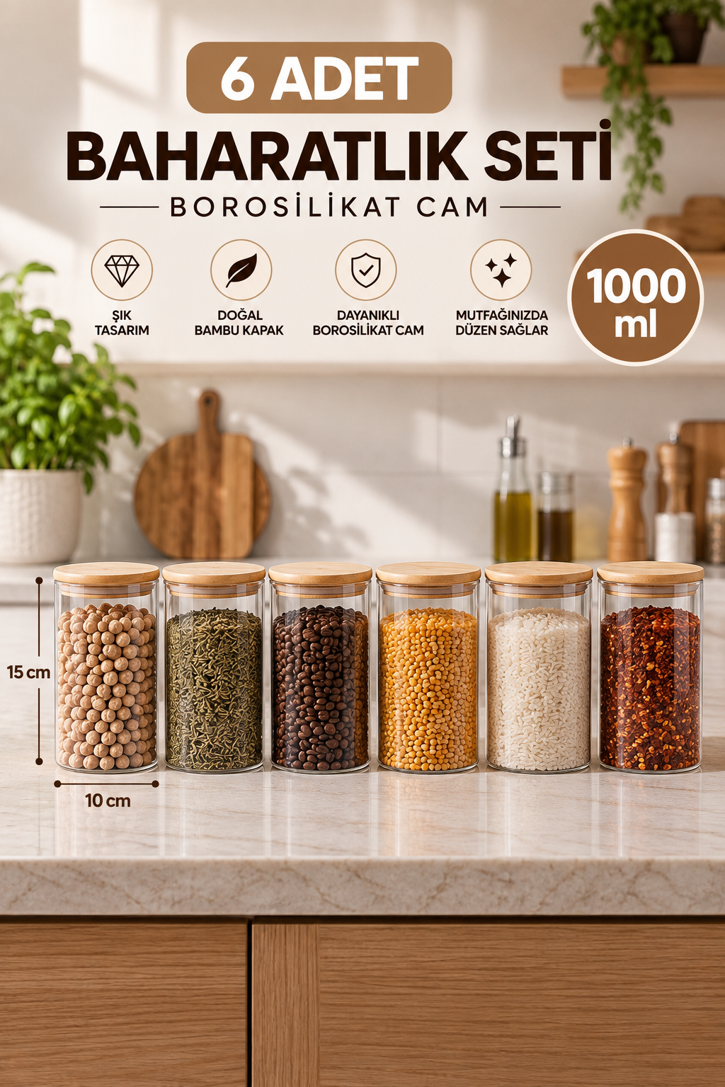 1000 ml Vakumlu Bambu Kapaklı Borosilikat Cam Kavanoz Seti - 6'lı Erzak Saklama Kabı (10x15 cm)