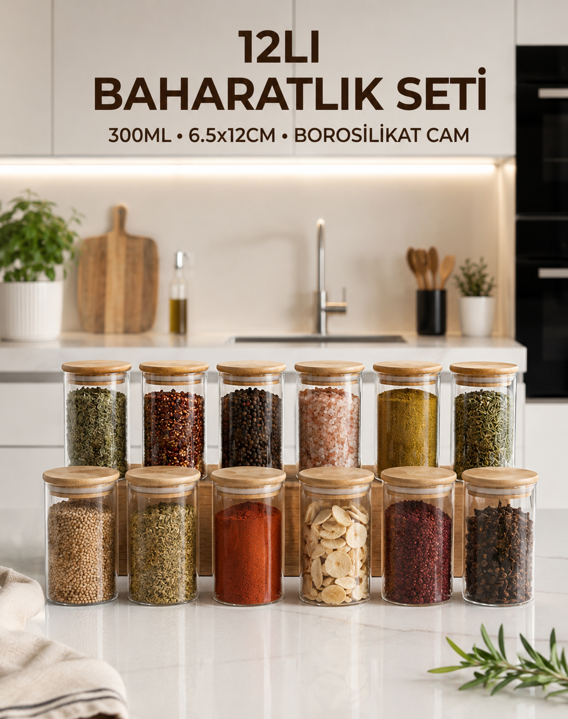 12Li Cam Baharatlık Seti 300 Ml Bambu Kapaklı | Borosilikat Modern Baharat Kavanozu