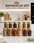 12’li Cam Baharatlık Seti 300 ML Bambu Kapaklı | Borosilikat Modern Baharat Kavanozu
