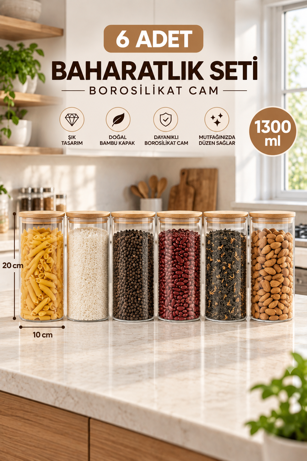 6’lı 1300 ml Borosilikat Cam Kavanoz Seti Bambu Kapaklı Baharatlık Saklama Kabı Mutfak Düzenleyici