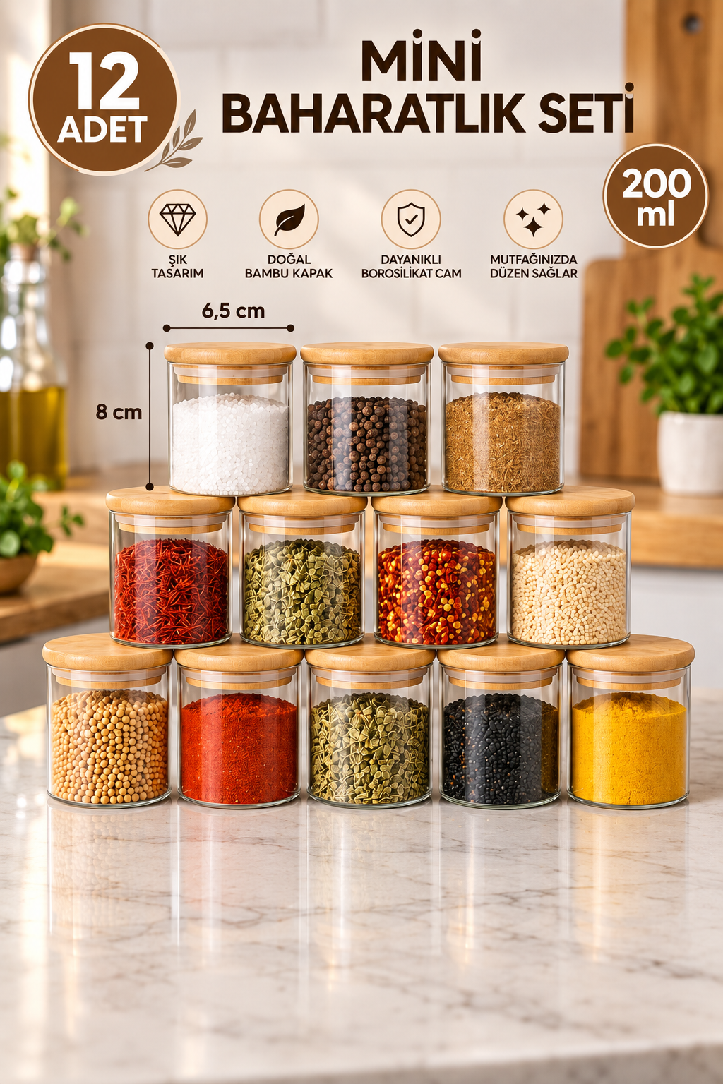 12 Adet Bambu Kapaklı Borosilikat Baharatlık, Saklama Kabı, Çerezlik 200 Ml