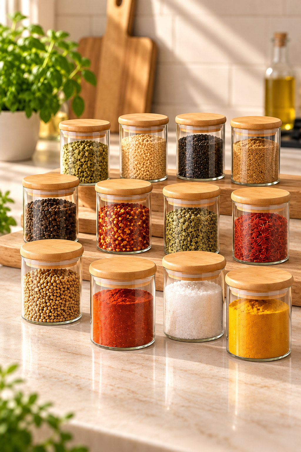 12 Adet Bambu Kapaklı Borosilikat Baharatlık, Saklama Kabı, Çerezlik 200 Ml