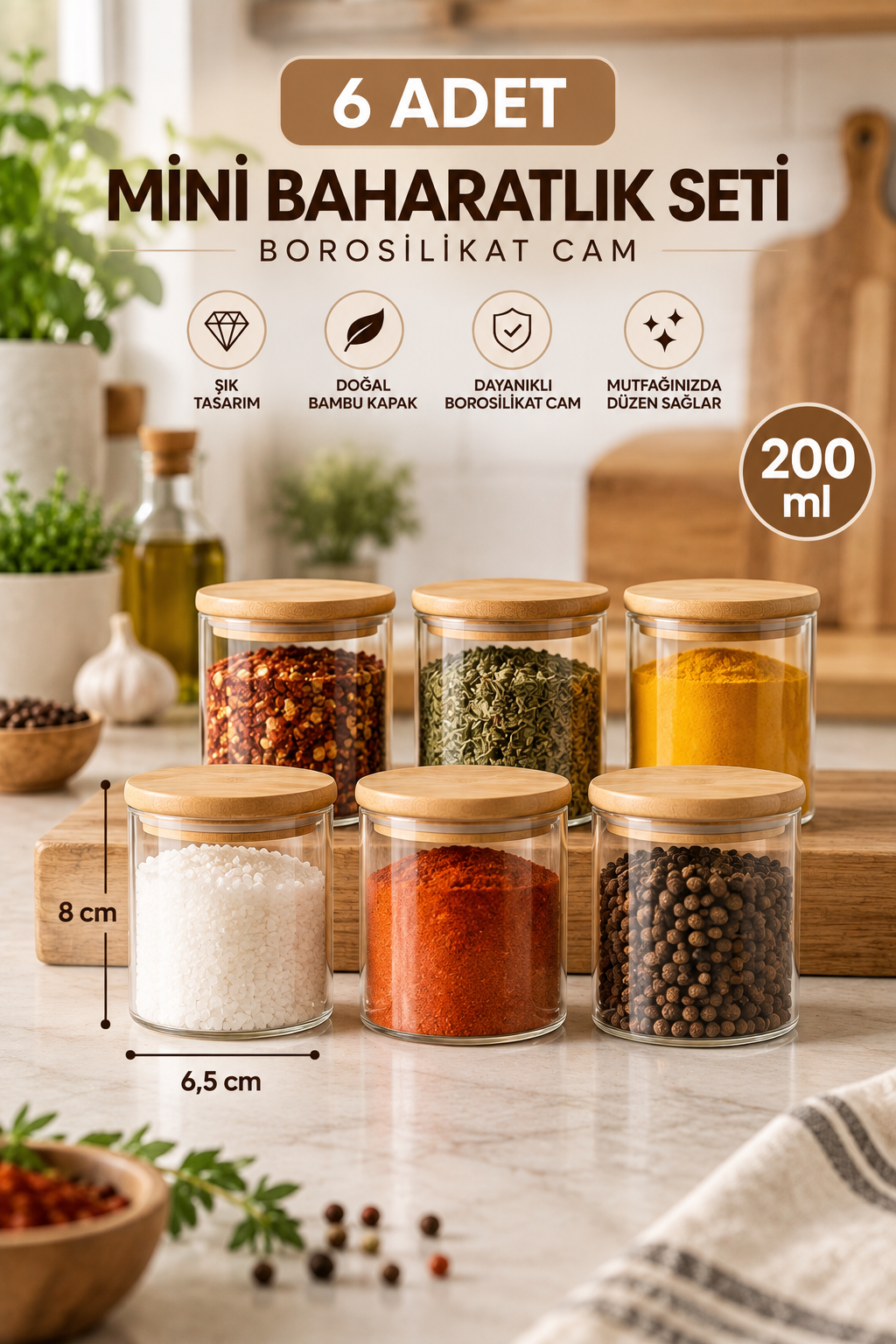NOKKA 6 Adet Cam 200 ml Baharat Kavanozu – Bambu Kapaklı (6,5x8 cm) Minimal Mutfak Saklama Kabı