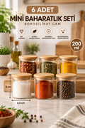 NOKKA 6 Adet Cam 200 ml Baharat Kavanozu – Bambu Kapaklı (6,5x8 cm) Minimal Mutfak Saklama Kabı