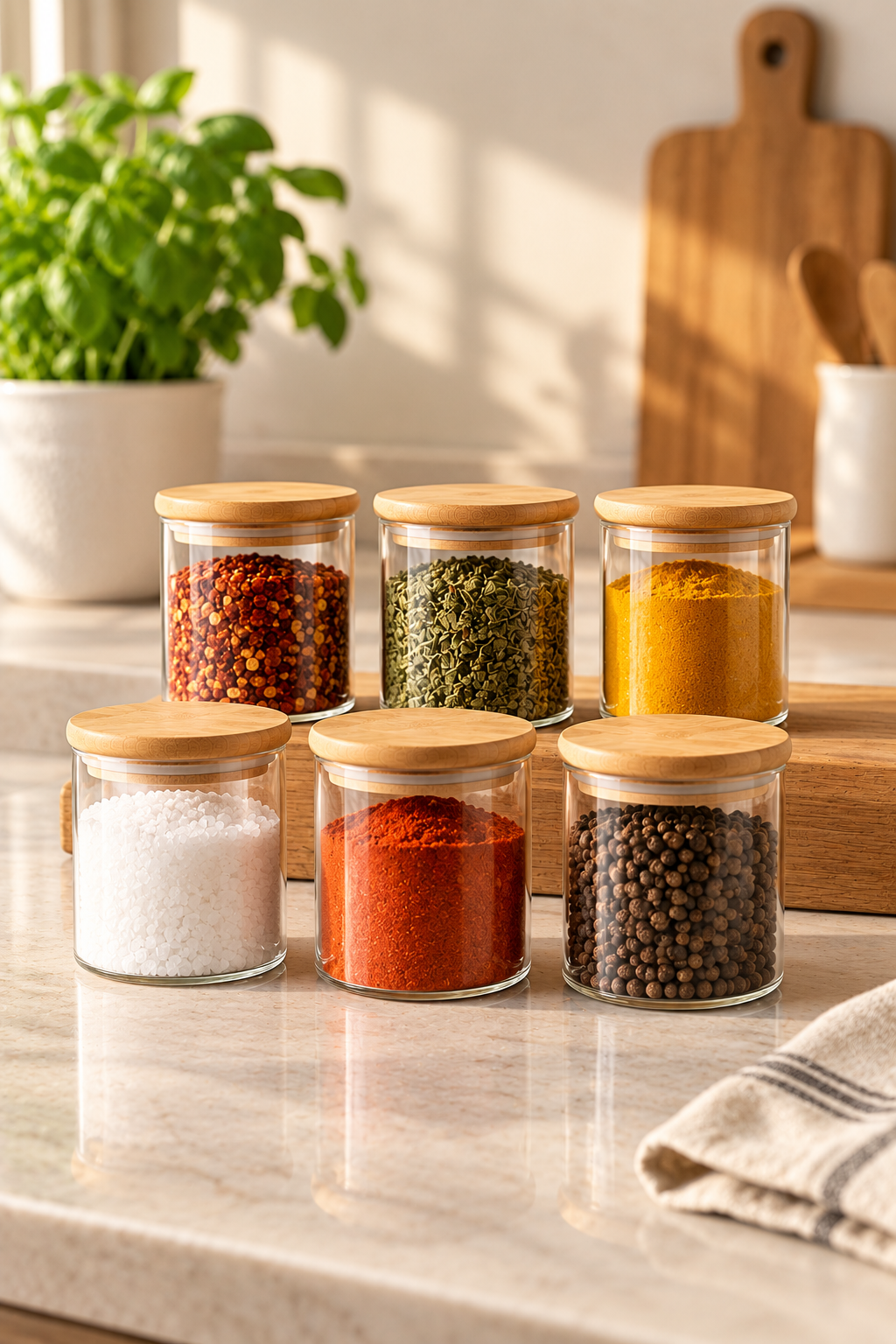 12Li Cam Baharatlık Seti 300 Ml Bambu Kapaklı | Borosilikat Modern Baharat Kavanozu