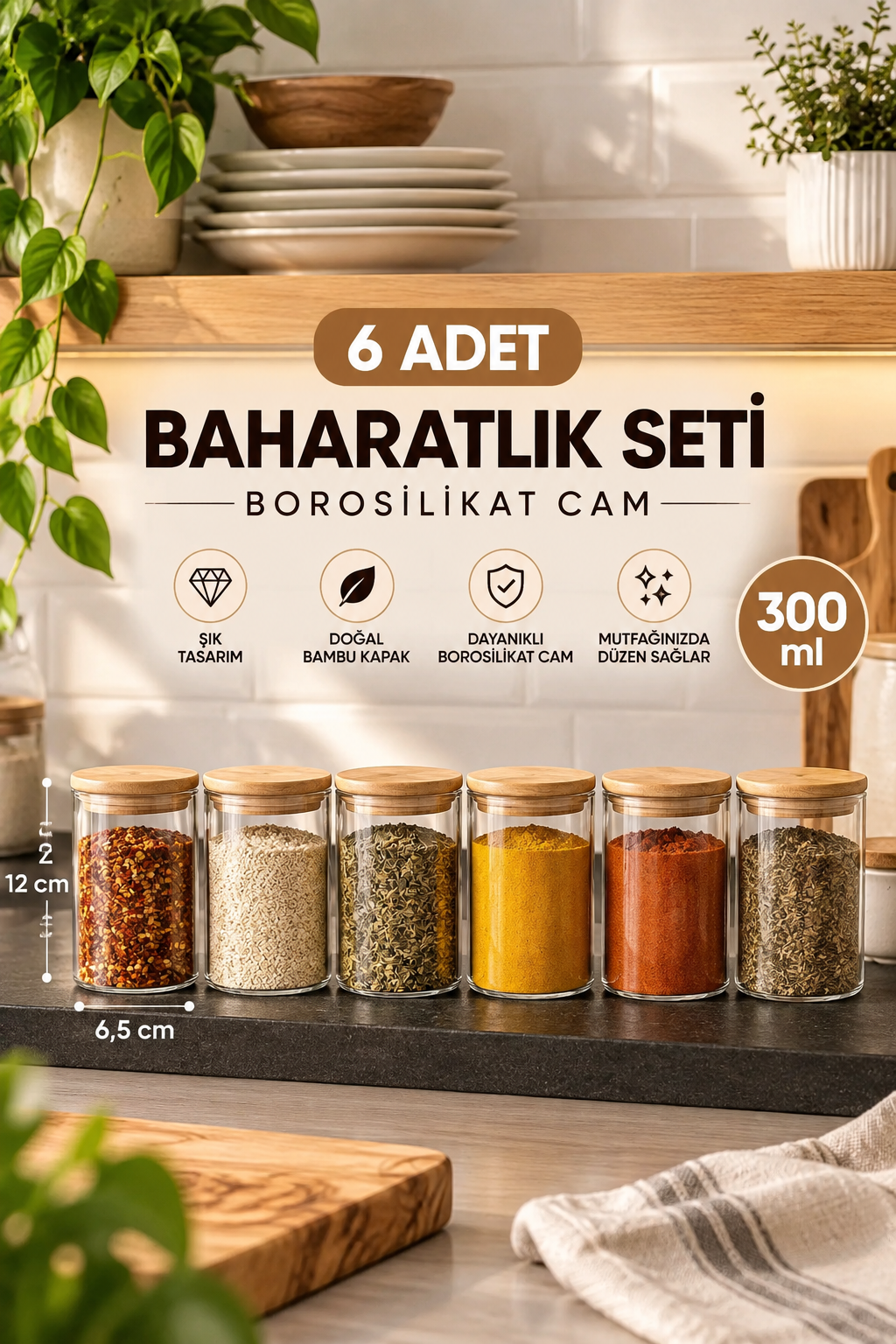 6’lı 300 ml Cam Baharatlık Seti – Bambu Kapaklı, Sızdırmaz Kapaklı Mutfak Kavanoz Seti