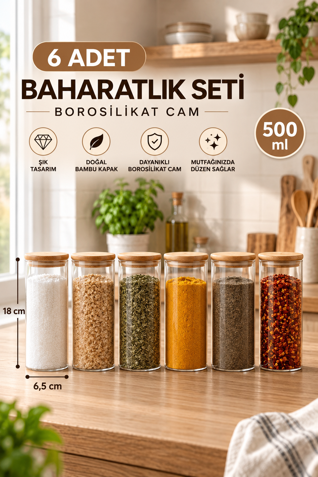 6'lı 500 ml Bambu Vakum Kapaklı Borosilikat Cam Baharatlık Takımı