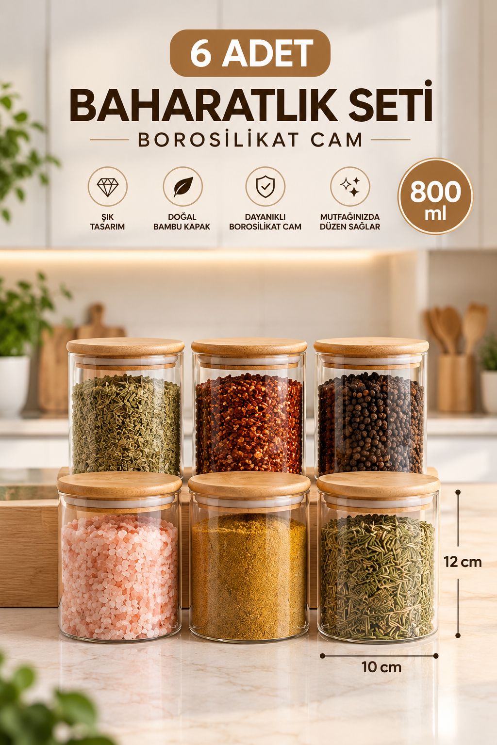 6’lı Set 800 ml Bambu Kapaklı Cam Erzak Saklama Kabı 10x12 cm - Vakumlu Kapak