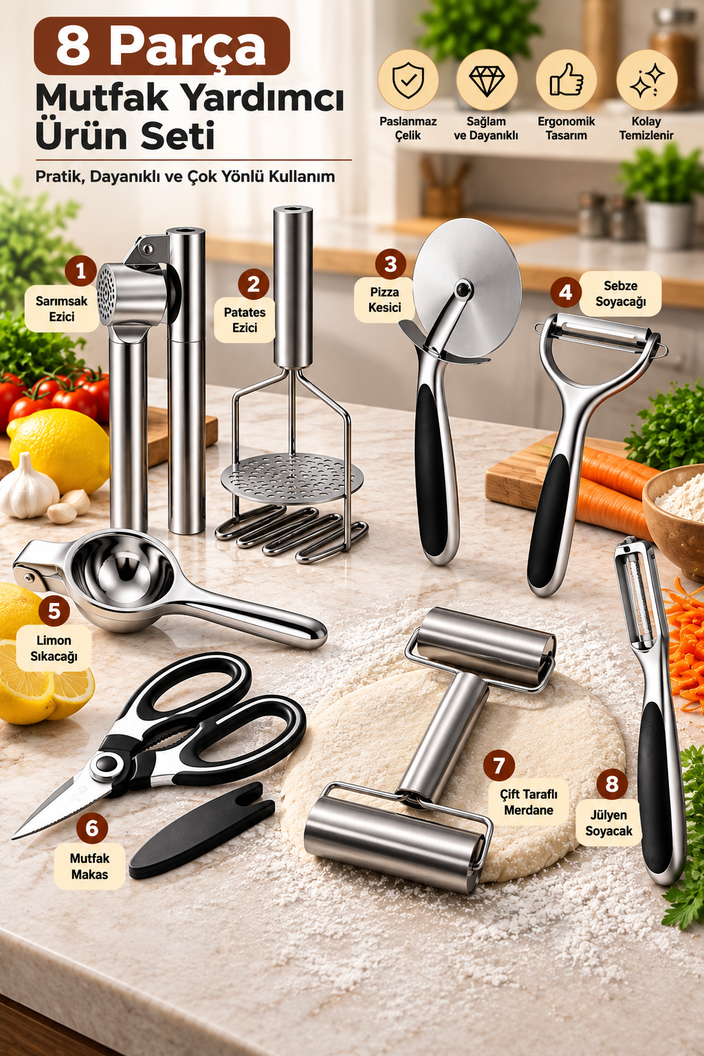 8 Parça Paslanmaz Çelik Mutfak Gereçleri Seti – Sarımsak Ezici, Patates Ezici, Pizza Kesici, Soyacak, Limon Sıkacağı