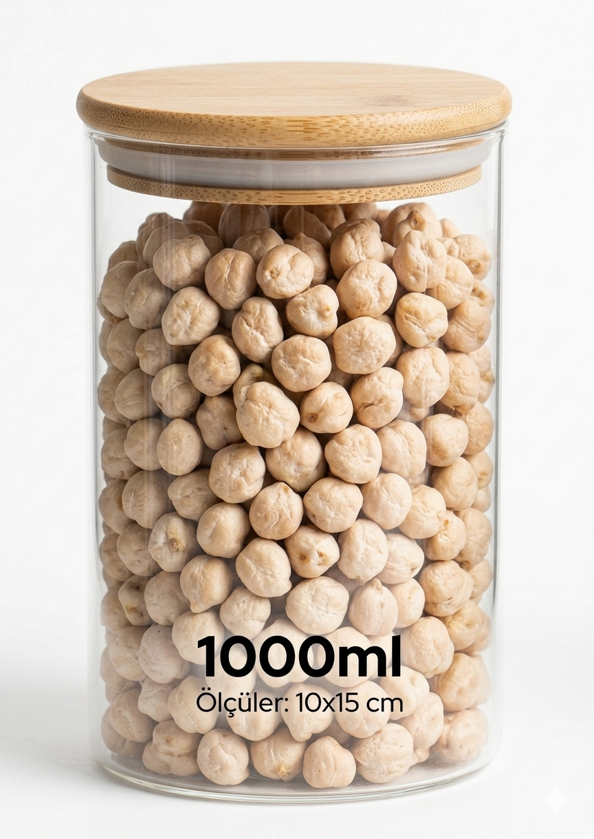 1000 ml Vakumlu Bambu Kapaklı Borosilikat Cam Kavanoz Seti - 6'lı Erzak Saklama Kabı (10x15 cm)