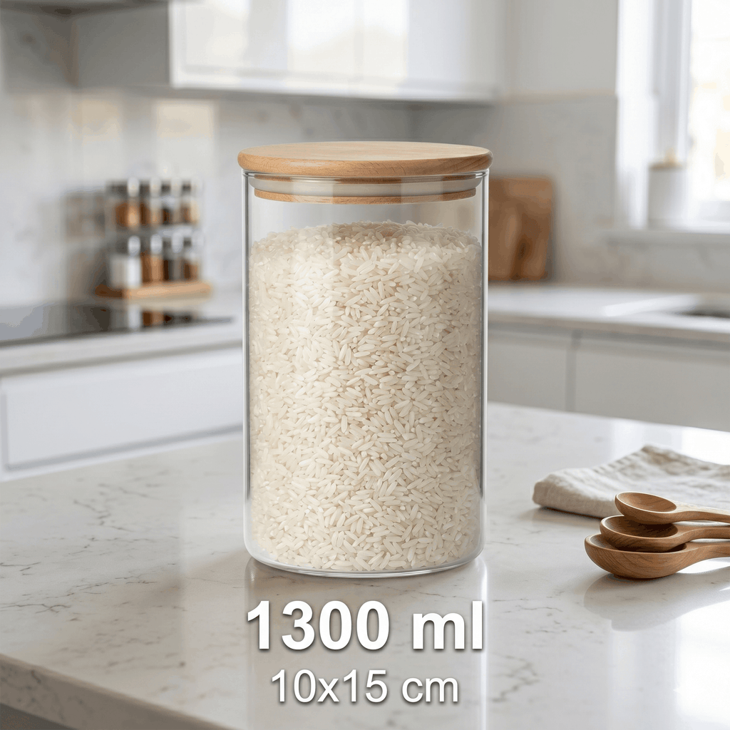 6’lı 1300 ml Borosilikat Cam Kavanoz Seti Bambu Kapaklı Baharatlık Saklama Kabı Mutfak Düzenleyici