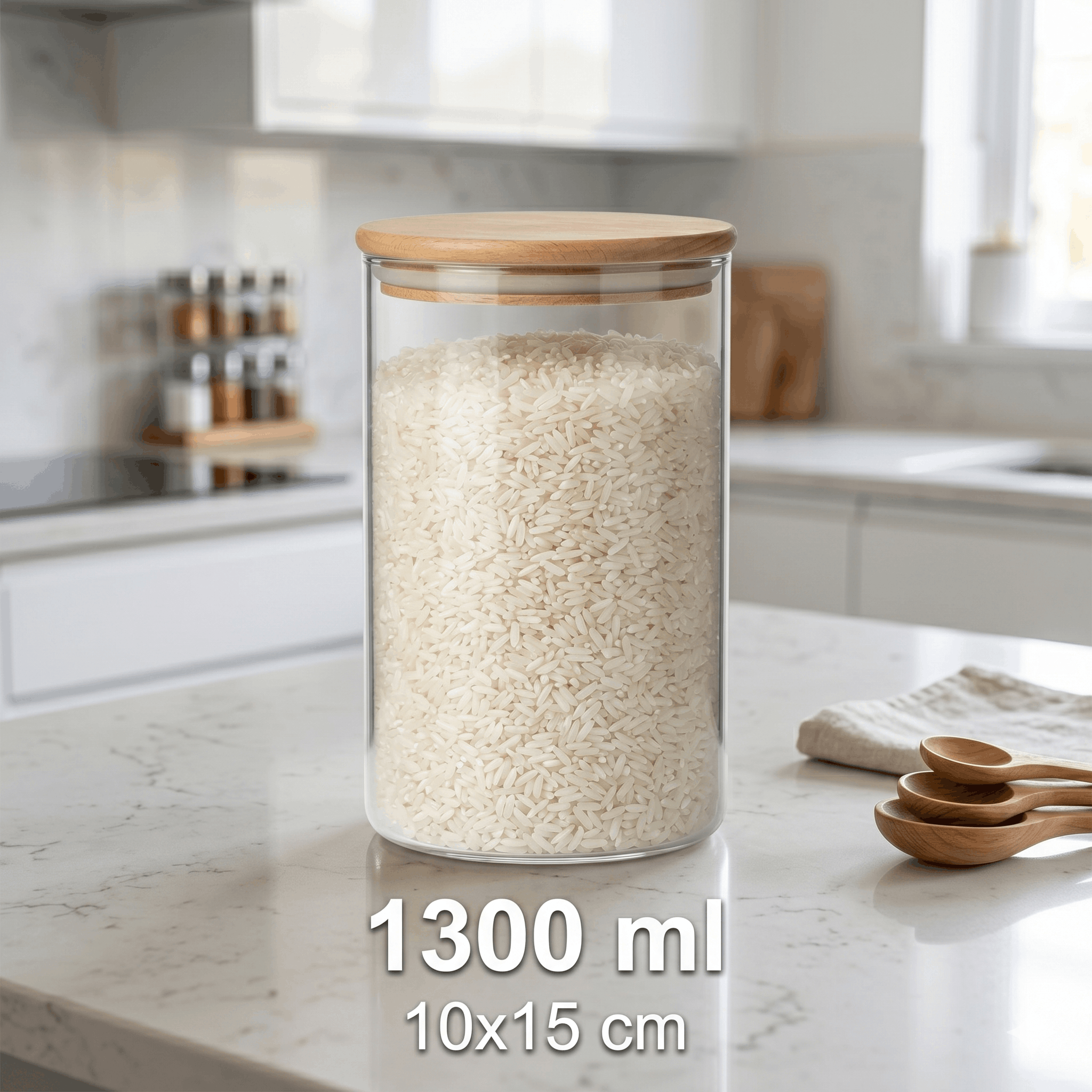 6’lı 1300 ml Borosilikat Cam Kavanoz Seti Bambu Kapaklı Baharatlık Saklama Kabı Mutfak Düzenleyici