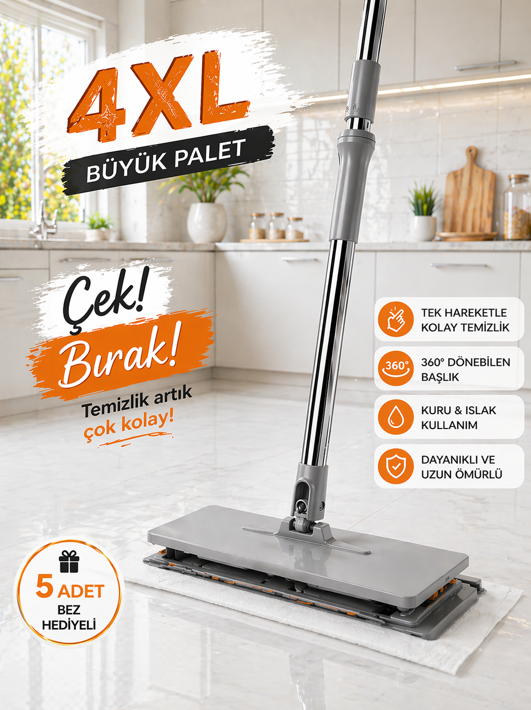 Otomatik Mop, (5 Adet Bez Hediyeli),Yüzey Temizlik Havlusu ile Uyumlu, Kolay Mop, 32 cm