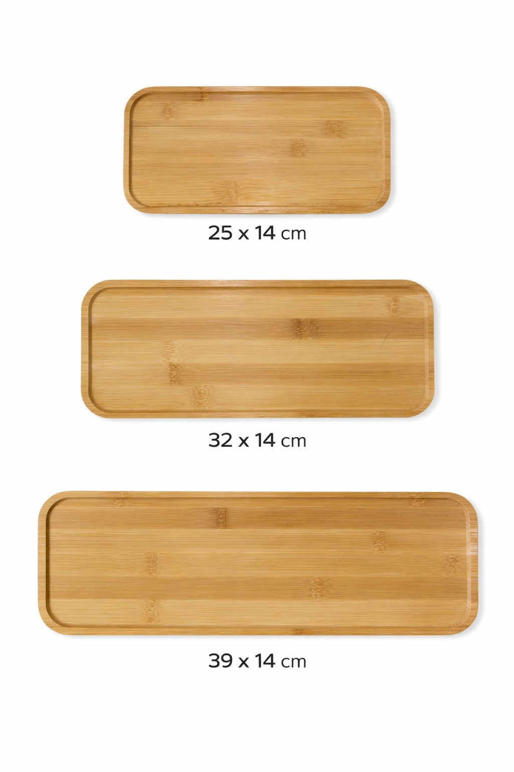 3’lü Bambu Sunum Tabağı Seti – Doğal Ahşap Servis Tabakları 25x14 / 32x14 / 39x14 cm