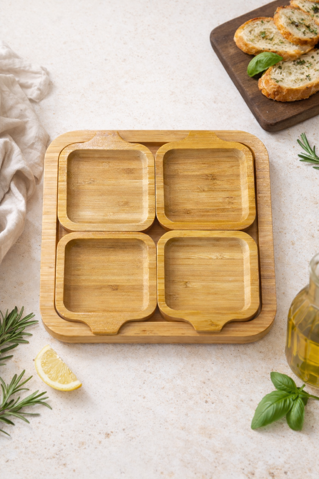 Bambu Sunumluk Seti 5 Parça – Kare Servis Tabağı, Çerezlik, Kahvaltılık ve Atıştırmalık Sunum Tabağı