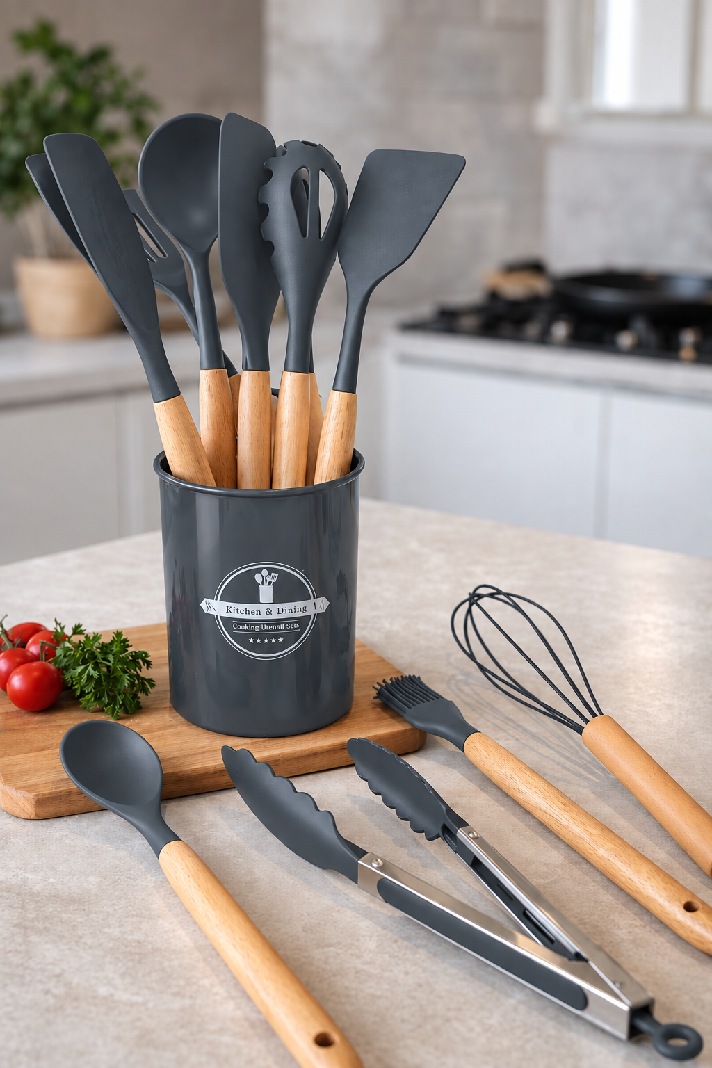 11 Parça Bambu Saplı Isıya Dayanıklı Silikon Mutfak Gereçleri Seti –Kepçe Spatula Maşa Çırpıcı