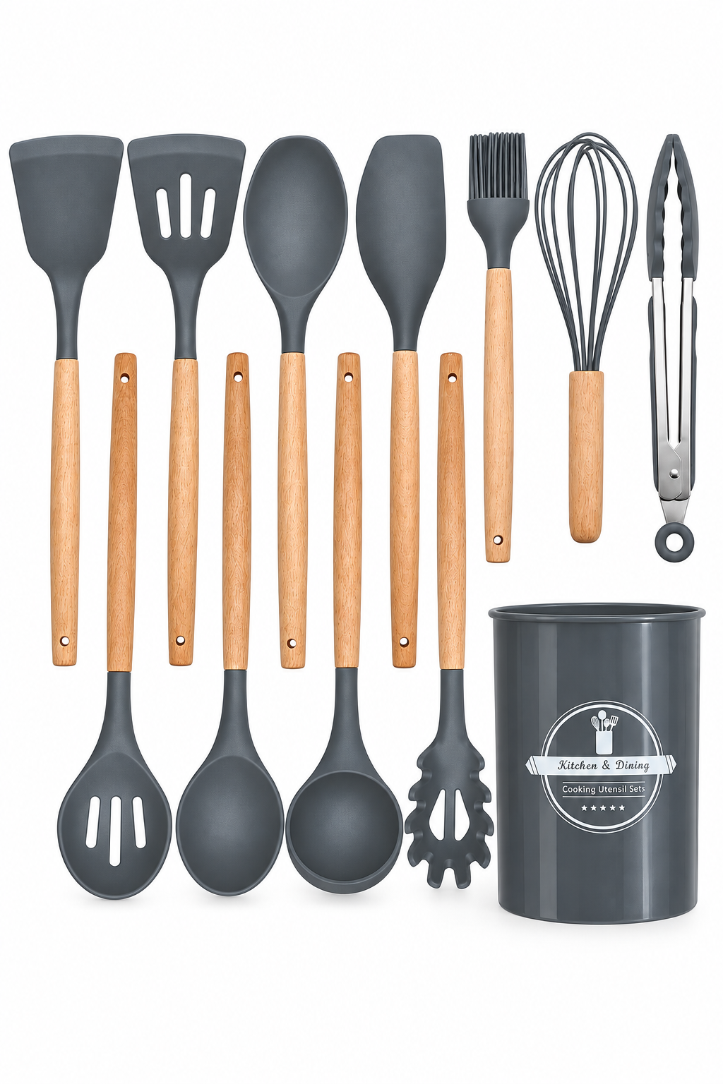 11 Parça Bambu Saplı Isıya Dayanıklı Silikon Mutfak Gereçleri Seti –Kepçe Spatula Maşa Çırpıcı