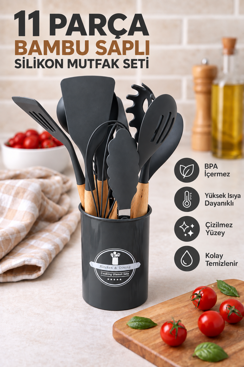11 Parça Bambu Saplı Isıya Dayanıklı Silikon Mutfak Gereçleri Seti –Kepçe Spatula Maşa Çırpıcı