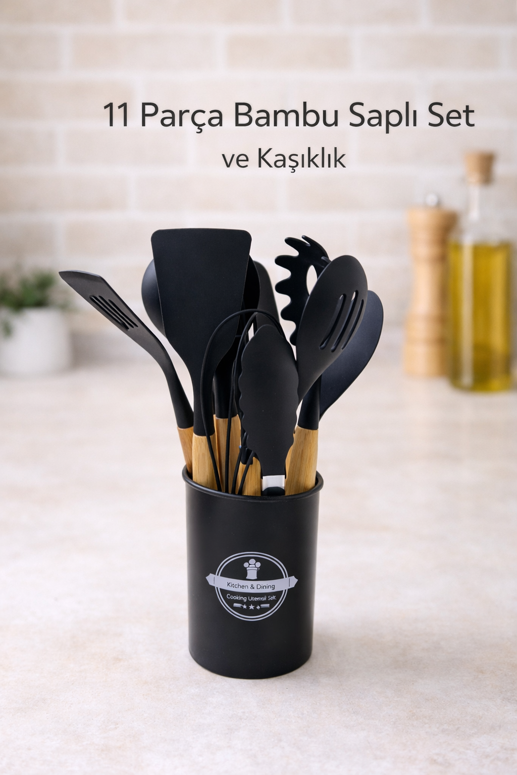 12 Parça Bambu Saplı Silikon Mutfak Seti Kaşıklıklı | Isıya Dayanıklı Spatula Kepçe Çırpıcı Maşa Seti | Siyah