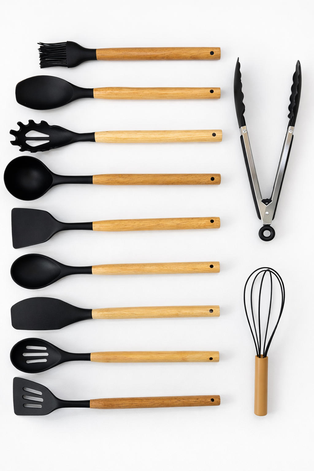 12 Parça Bambu Saplı Silikon Mutfak Seti Kaşıklıklı | Isıya Dayanıklı Spatula Kepçe Çırpıcı Maşa Seti | Siyah