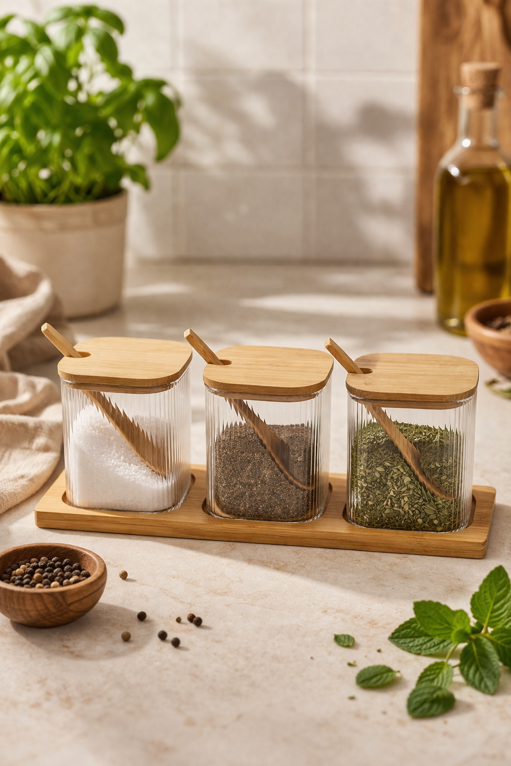 Bambu Kapaklı 3’lü Cam Baharatlık (8x8 cm) Seti Standlı – Kaşıklı Borosilikat Cam Kavanoz Seti