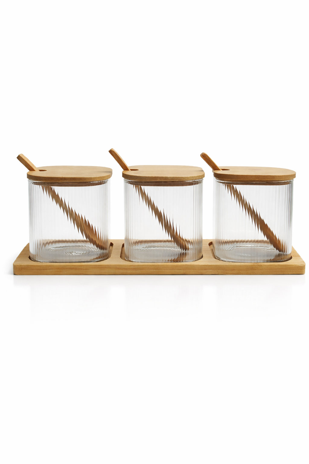 Bambu Kapaklı 3’lü Cam Baharatlık (8x8 cm) Seti Standlı – Kaşıklı Borosilikat Cam Kavanoz Seti