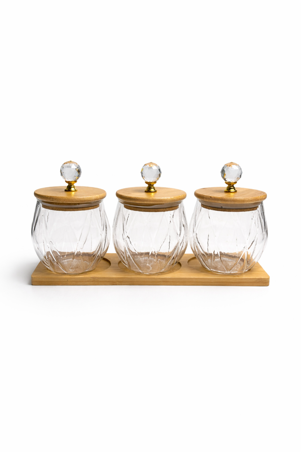 Kristal Kulplu Cam Kavanoz (10x10 cm) Seti 3’lü – Bambu Kapaklı & Ahşap Altlıklı Dekoratif Saklama Kabı