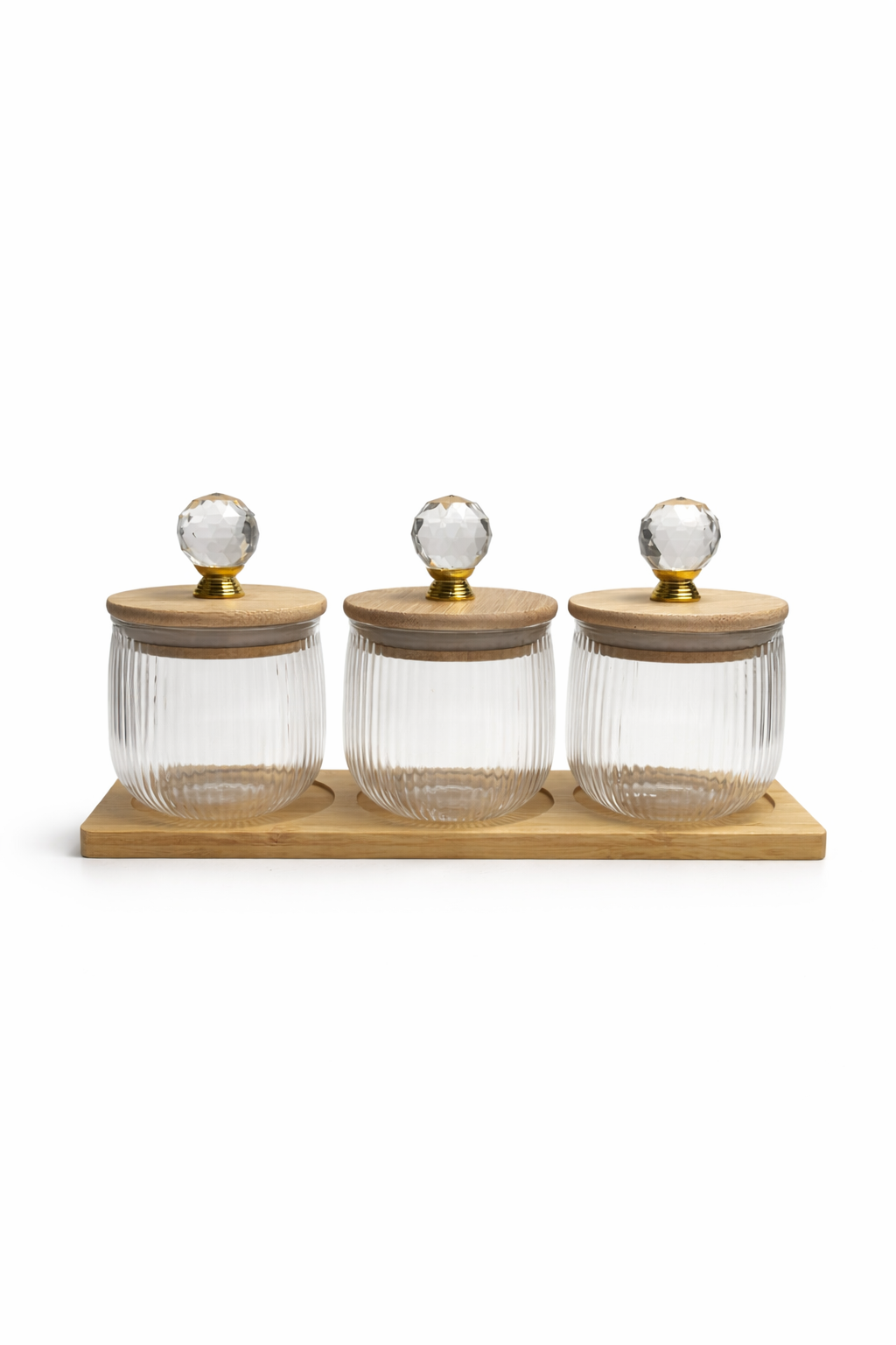 Kristal Kulplu Cam Kavanoz (8x8 cm) Seti 3’lü – Bambu Kapaklı & Ahşap Altlıklı Dekoratif Saklama Kabı