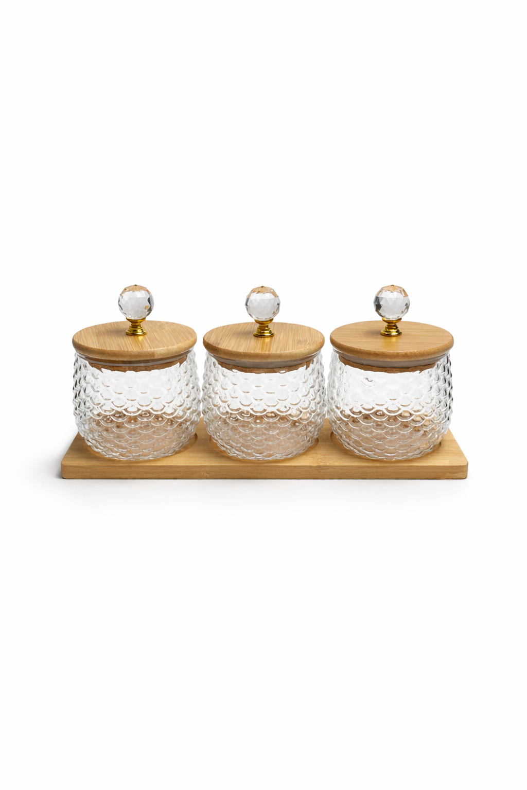 Kristal Kulplu Cam Kavanoz (8x8 cm) Seti 3’lü – Bambu Kapaklı & Ahşap Altlıklı Dekoratif Saklama Kabı