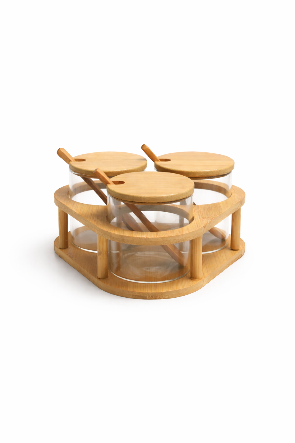 3’lü Cam Baharatlık Seti Kaşıklı Bambu Standlı, Cam Baharat Kavanozu (8x8 cm) Mutfak Organizeri