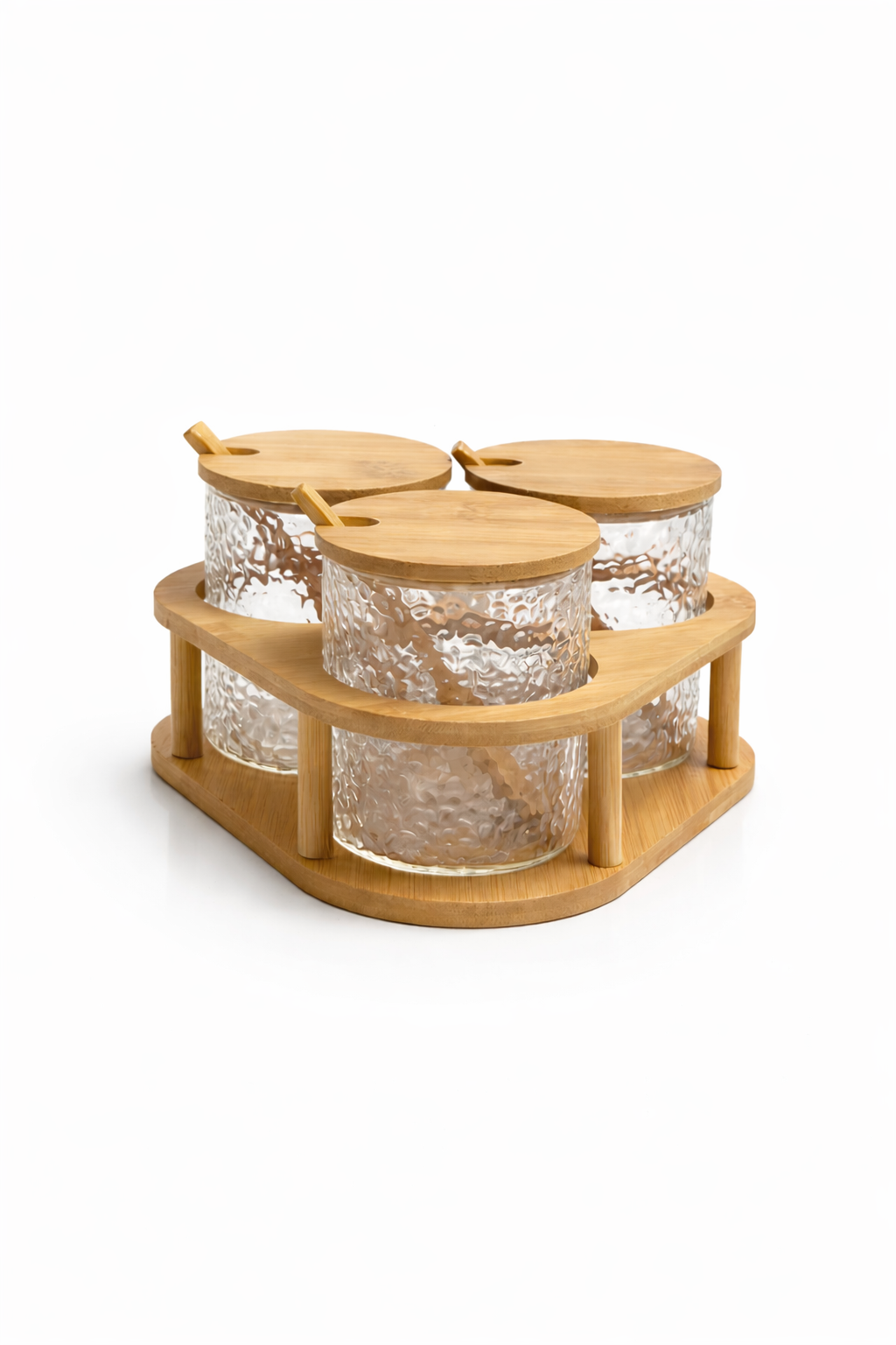 3’lü Cam Baharatlık Seti Kaşıklı Bambu Standlı, Cam Baharat Kavanozu 8x8 cm