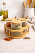 3’lü Cam Baharatlık Seti Kaşıklı Bambu Standlı, Cam Baharat Kavanozu 8x8 cm