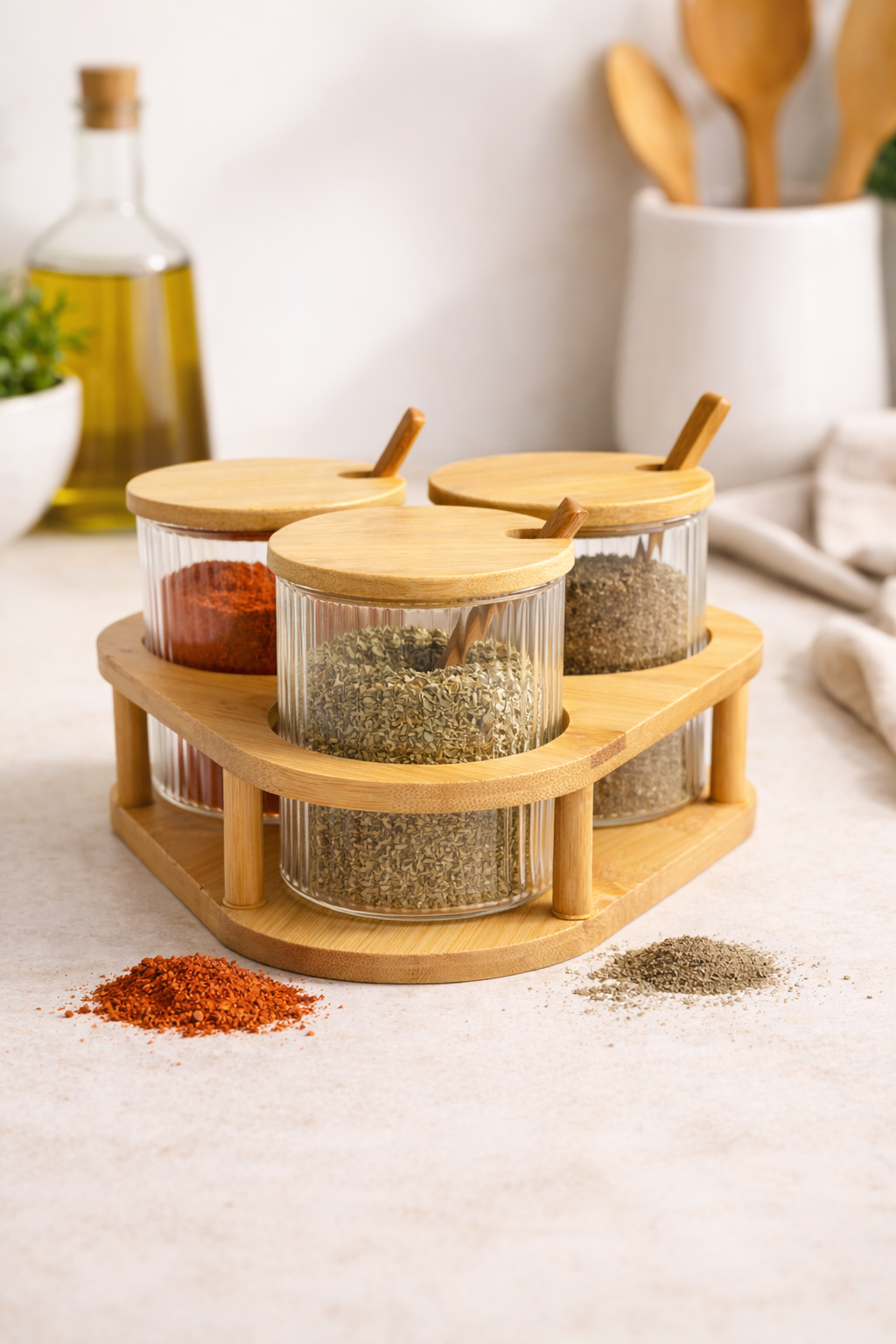 3’lü Cam Baharatlık Seti Kaşıklı Bambu Standlı, Cam Baharat Kavanozu 8x8 cm