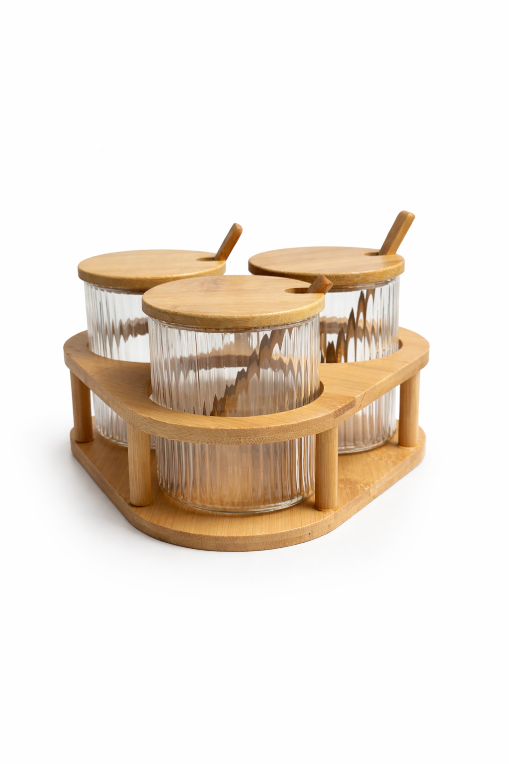 3’lü Cam Baharatlık Seti Kaşıklı Bambu Standlı, Cam Baharat Kavanozu 8x8 cm
