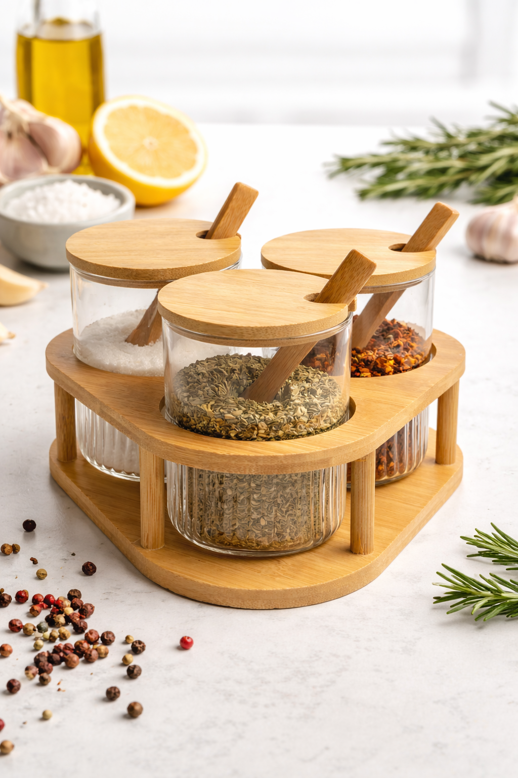 3’lü Cam Baharatlık Seti Kaşıklı Bambu Standlı, Cam Baharat Kavanozu 8x8 cm