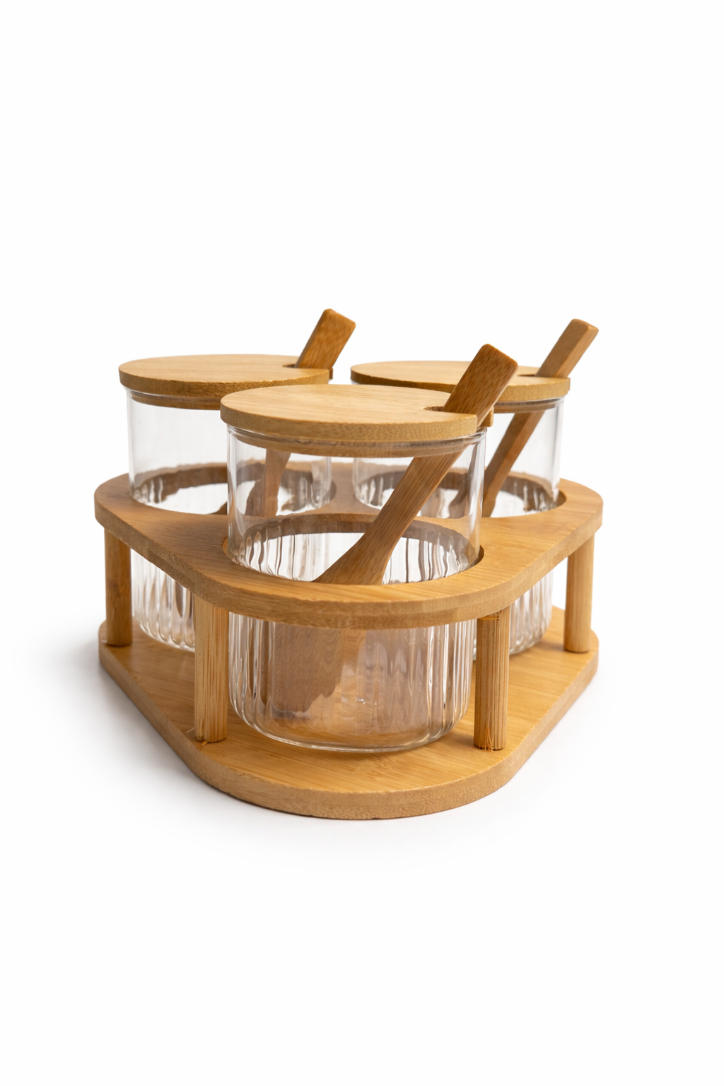 3’lü Cam Baharatlık Seti Kaşıklı Bambu Standlı, Cam Baharat Kavanozu 8x8 cm