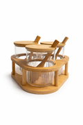 3’lü Cam Baharatlık Seti Kaşıklı Bambu Standlı, Cam Baharat Kavanozu 8x8 cm
