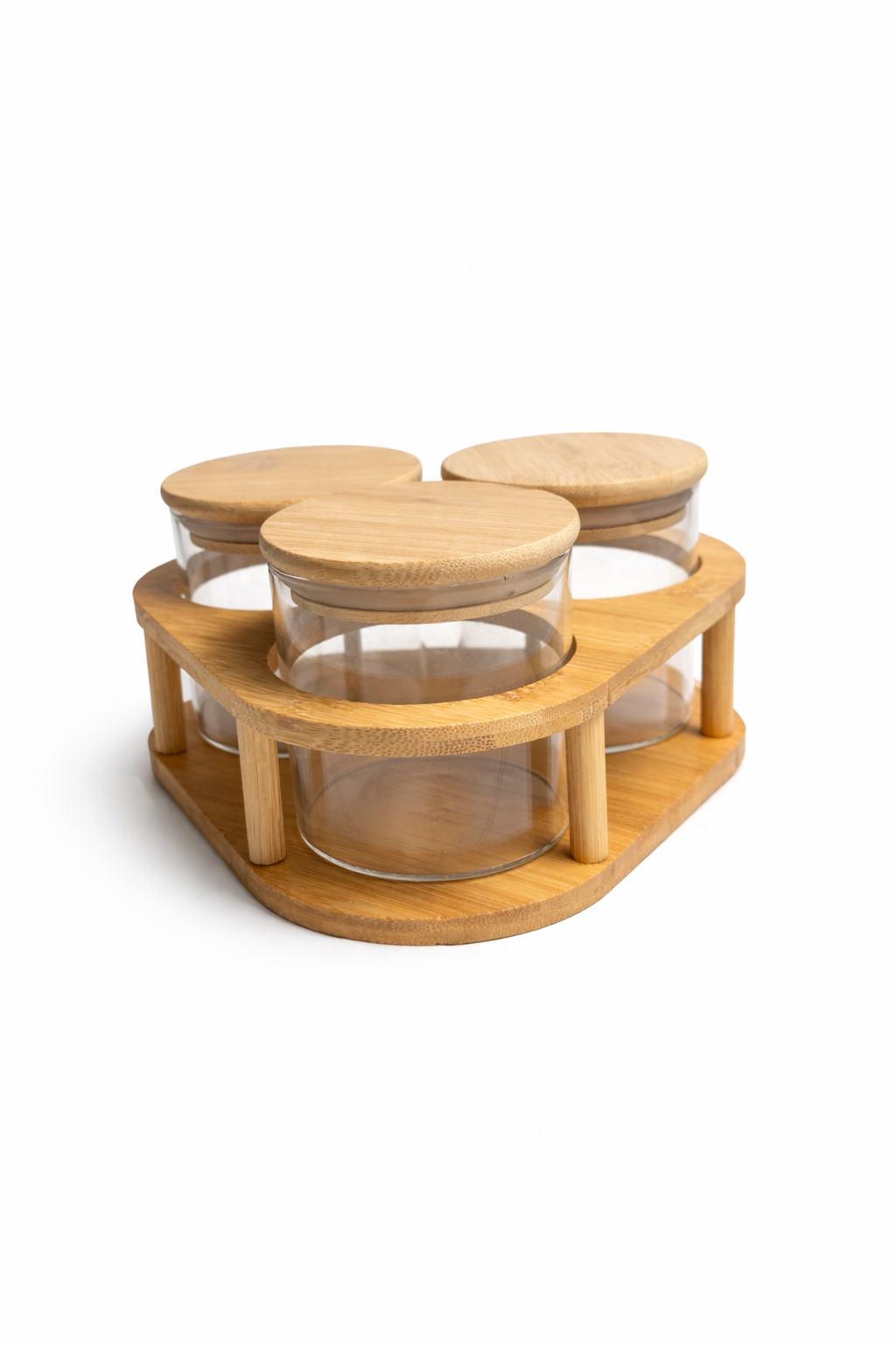 Bambu Standlı 3’lü Cam Baharatlık Seti – Kapaklı, Şık Mutfak Düzenleyici (8x8 cm Kavanoz)