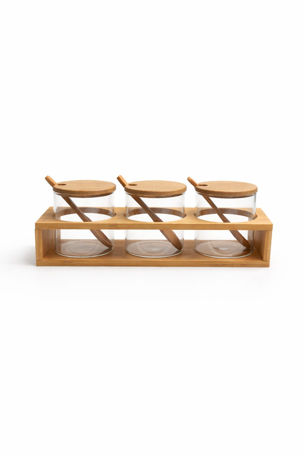 3’lü Cam Baharatlık Seti Standlı, 8x8 cm Kaşıklı Bambu Kapaklı Baharat Kavanozu