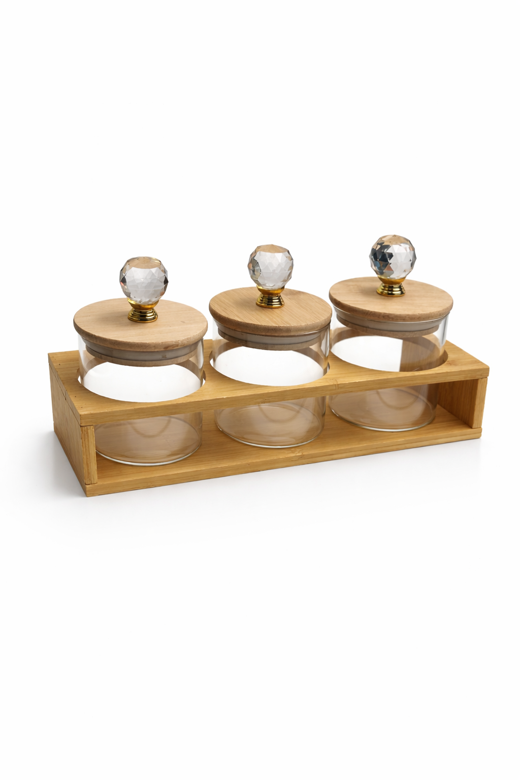 Kristal Kulplu Cam Kavanoz (8x8 cm) Seti 3’lü Ahşap Standlı – Şekerlik, Sunumluk, Baharat Seti