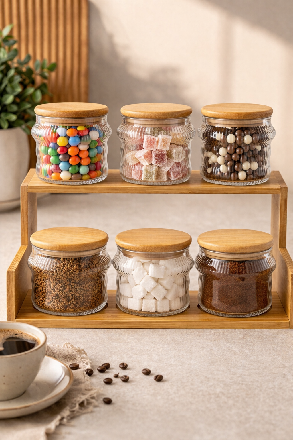 6’lı Baharatlık (8x8 cm) Seti Ahşap Standlı – Kapaklı Cam Kavanoz Seti Mutfak Düzenleyici & Kahve Baharat Organizer