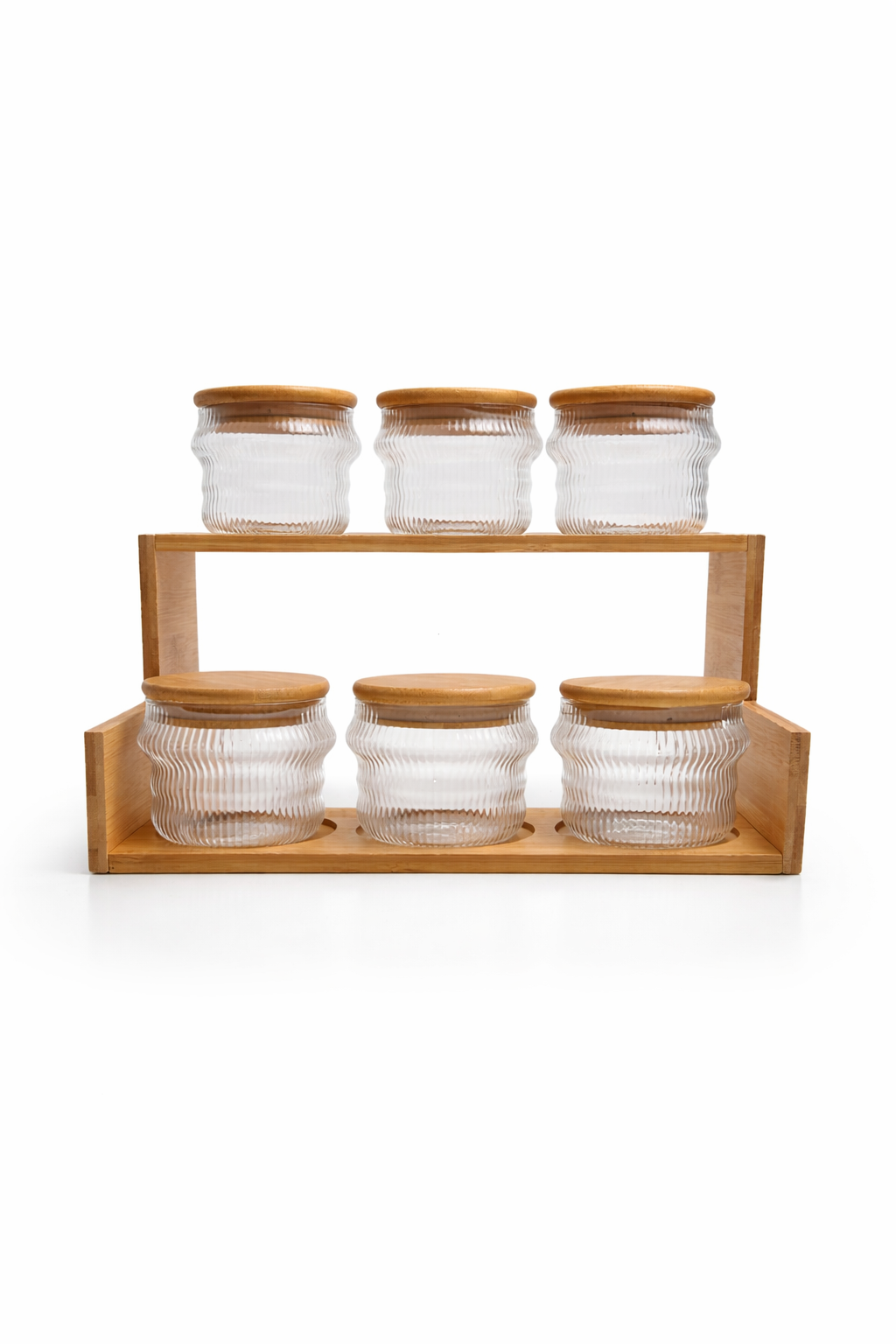 6’lı Baharatlık (8x8 cm) Seti Ahşap Standlı – Kapaklı Cam Kavanoz Seti Mutfak Düzenleyici & Kahve Baharat Organizer