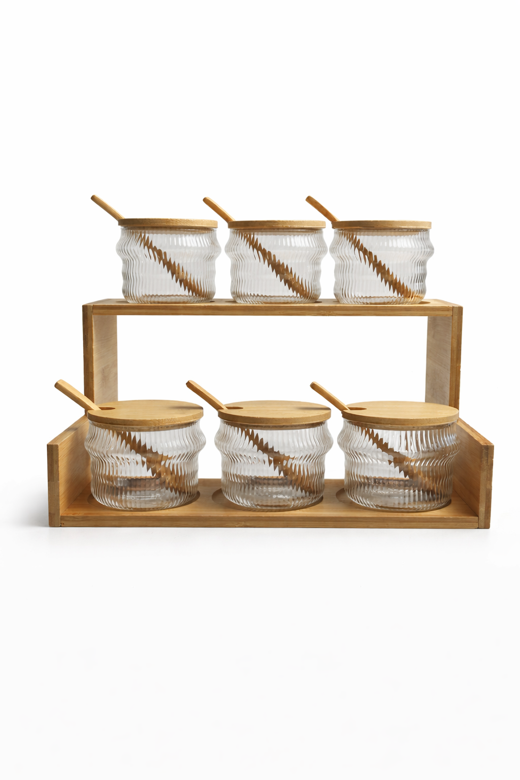 6’lı Cam Baharatlık Seti Bambu Standlı Kaşıklı (8x8 cm) – Kapaklı Cam Kavanoz Baharat Düzenleyici