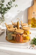 6’lı Baharatlık (7x7 cm) Seti Cam Kavanozlu Kaşıklı Bambu Stand – Modern Mutfak Düzenleyici