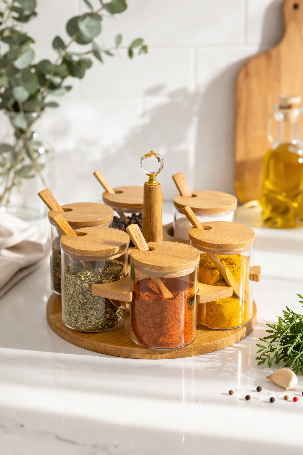6’lı Baharatlık (7x7 cm) Seti Cam Kavanozlu Kaşıklı Bambu Stand – Modern Mutfak Düzenleyici