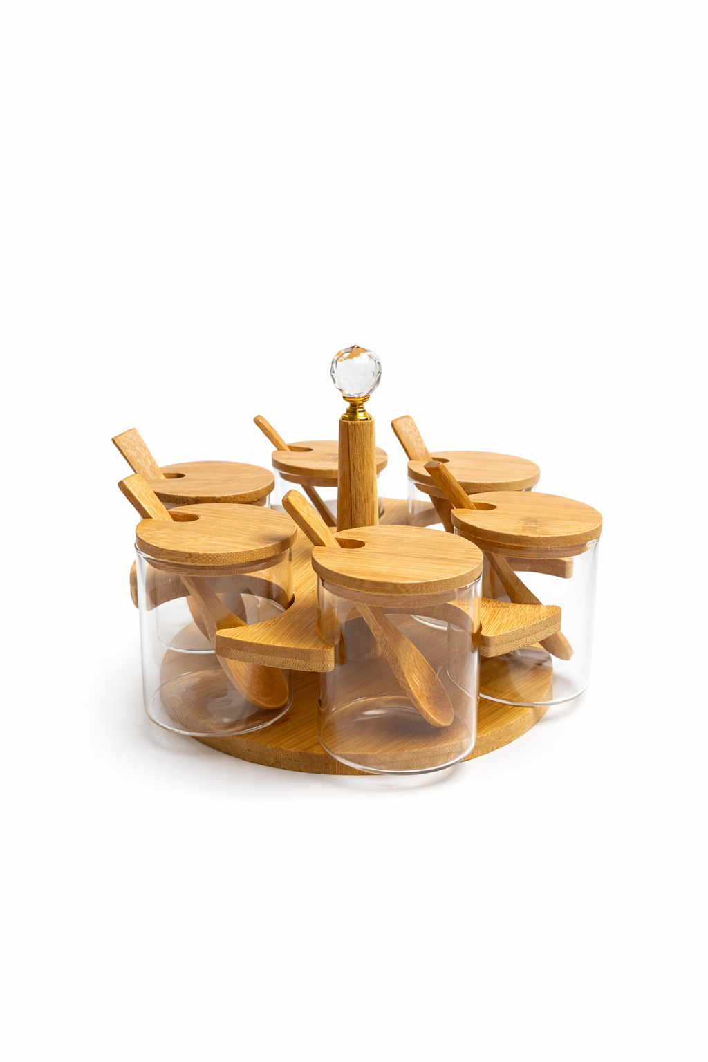 6’lı Baharatlık (7x7 cm) Seti Cam Kavanozlu Kaşıklı Bambu Stand – Modern Mutfak Düzenleyici