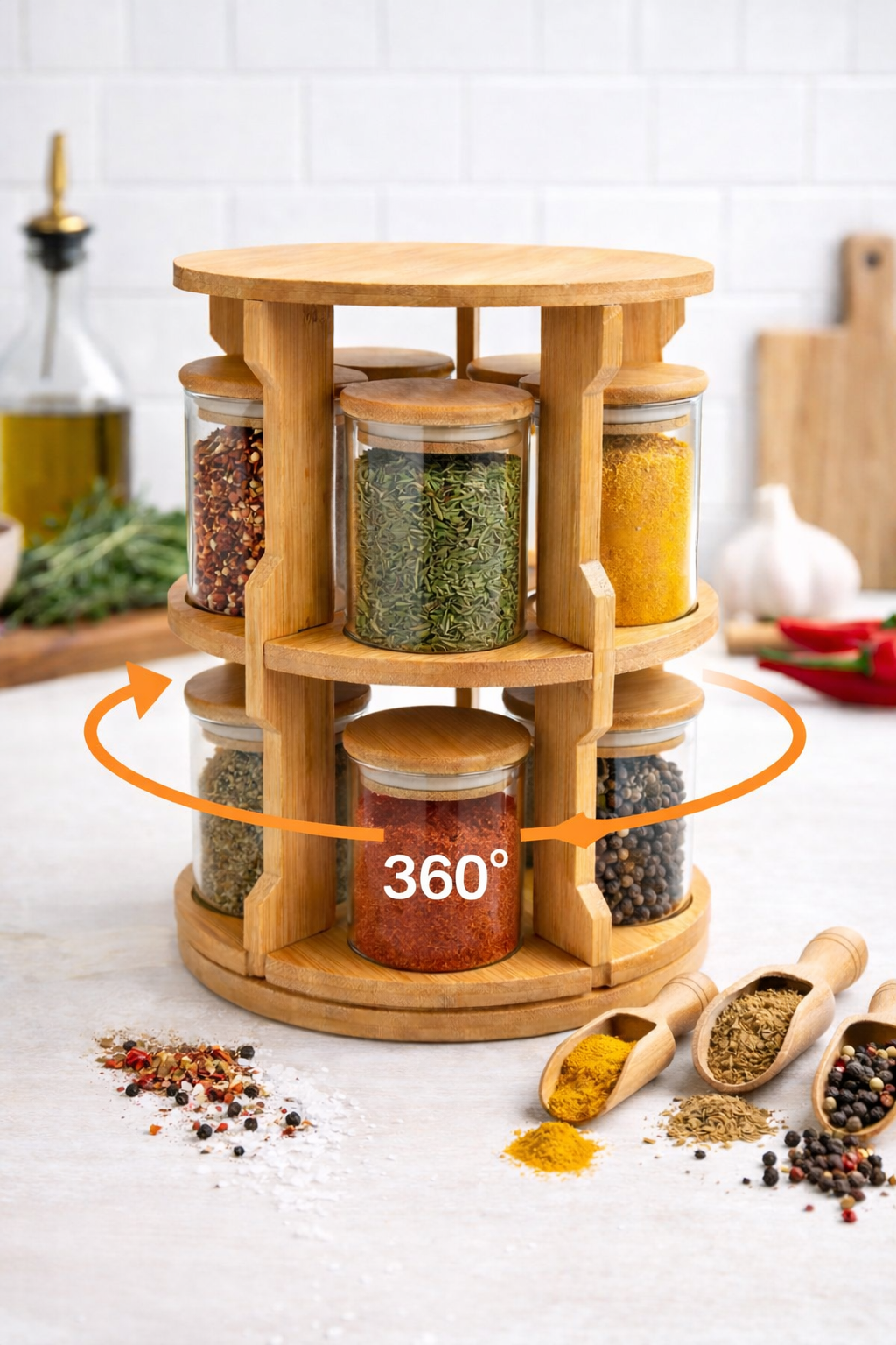 10’lu Döner Baharatlık (7x7 cm) Seti, Bambu Standlı Cam Kavanoz Baharatlık Organizer 360° Döner
