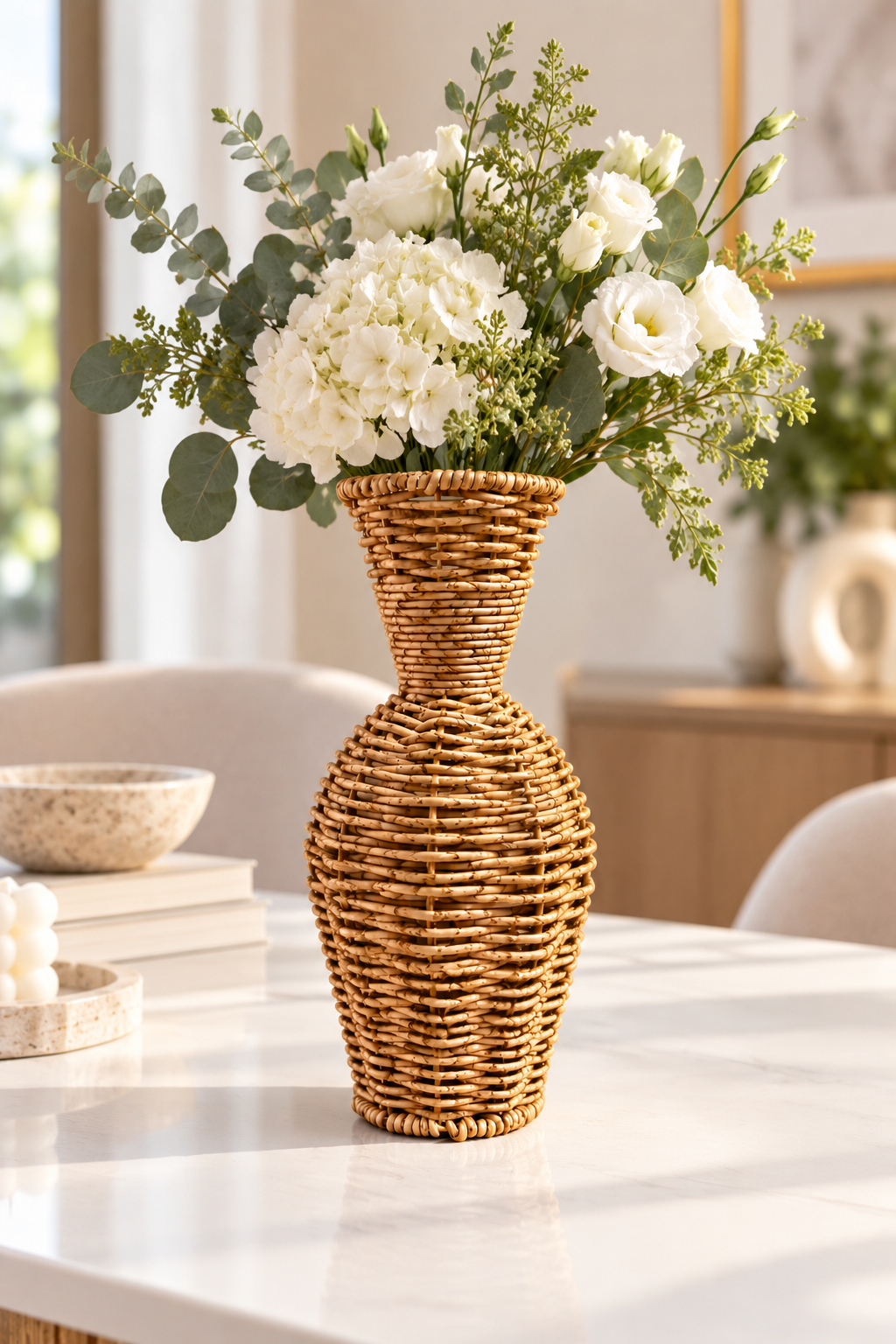 Hasır Rattan Dekoratif Vazo 10x23 cm – El Yapımı Görünümlü Bohem Masa Üstü Çiçek Vazosu