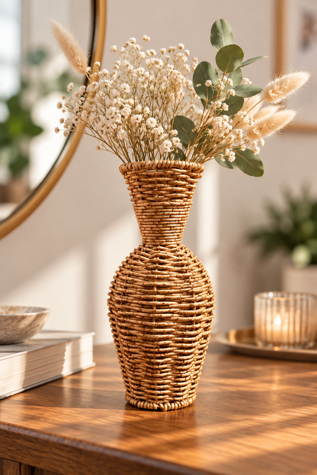 Hasır Rattan Dekoratif Vazo 10x23 cm – El Yapımı Görünümlü Bohem Masa Üstü Çiçek Vazosu