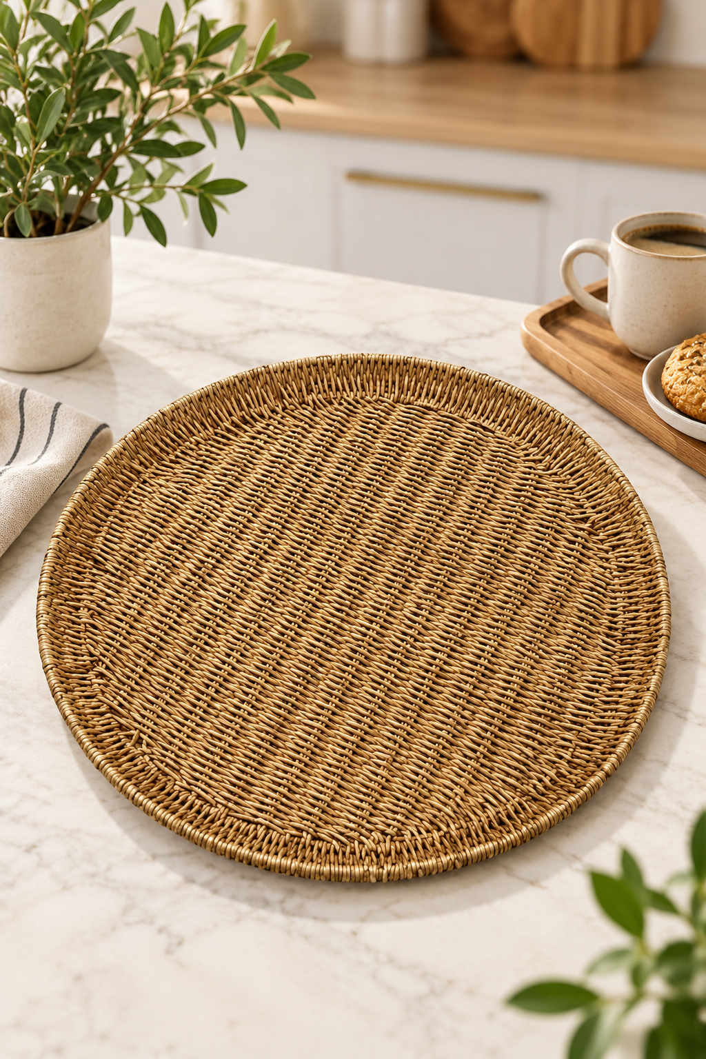 35 cm Yuvarlak Hasır Tepsi – Dekoratif Rattan Görünümlü Sunum Tepsisi – Kahve, Kahvaltı ve Servis Tepsisi
